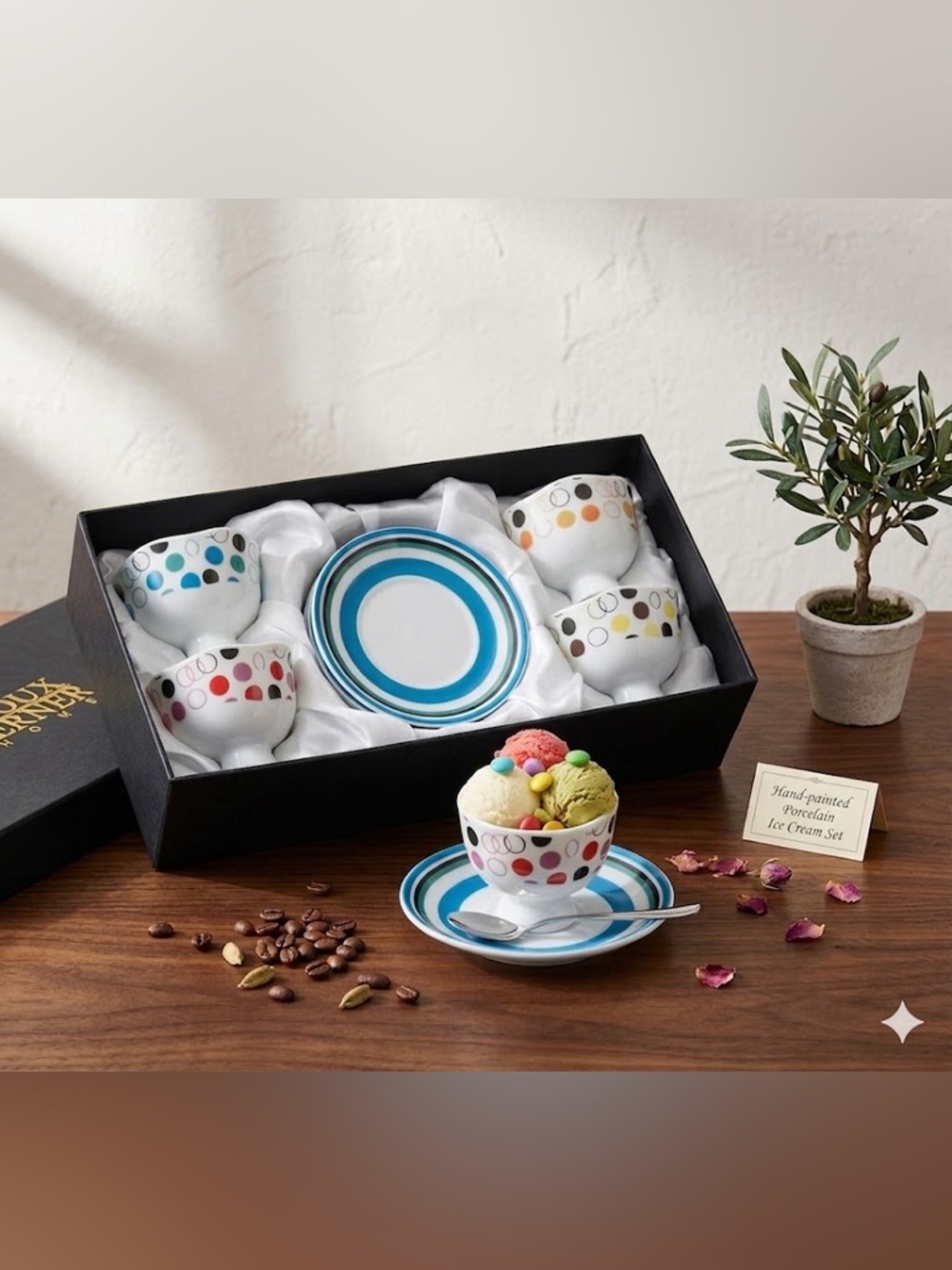 Bijoux Terner Home Ice Cream Set of Four Polka Dot / Circle Cups & Saucers Round